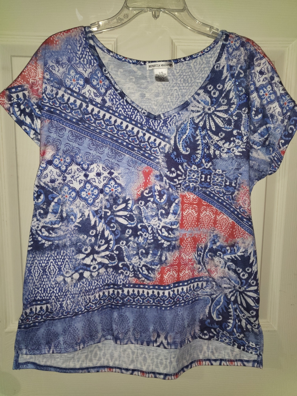 Rebecca Malone Blue & Red Printed V-Neck Top, Large